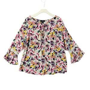 AGB Floral Peasant Fairy Garden Boho Tassel Tie Crochet Bell Sleeve Top Women 2X